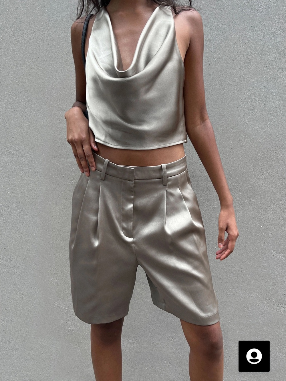 Oak & Fort Satin High-Waist Tailored Shorts - Silver Sage